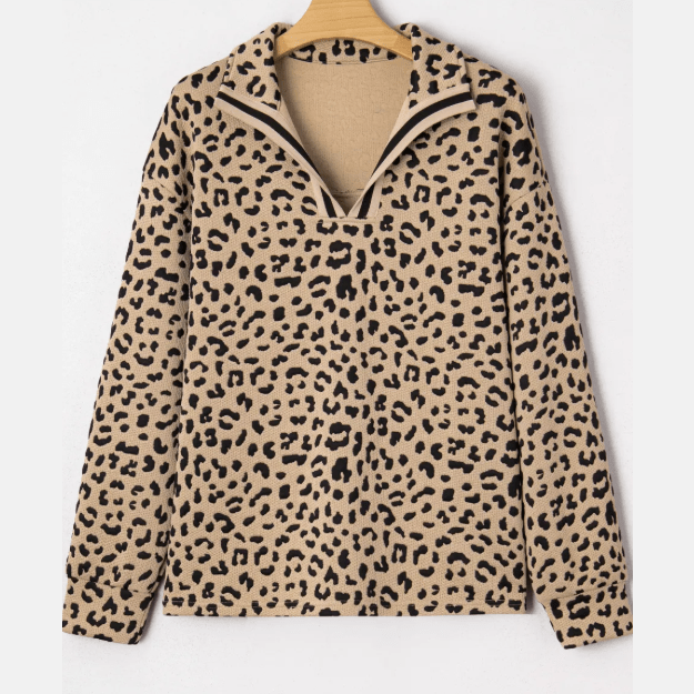 Alessa Leopard Polo Collar V Neck Pullover Top