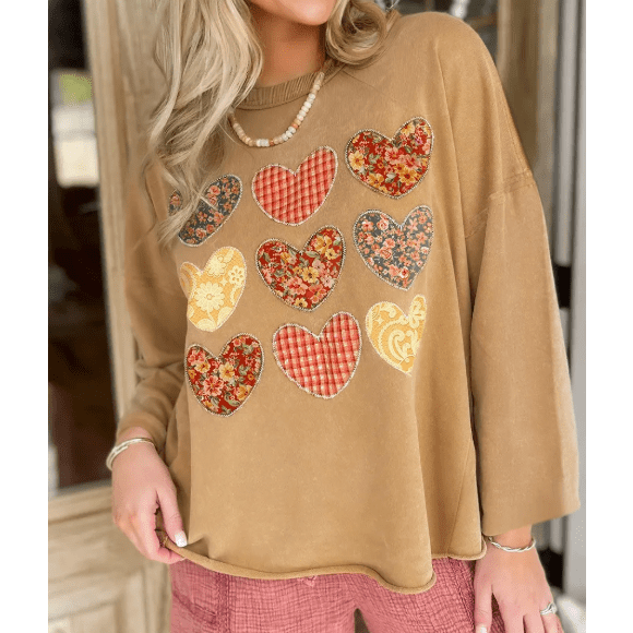 Janelle Plaid Floral Heart Stitched Exposed Seam Mineral Wash Sweatshirt