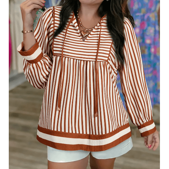 Kit Brown Stripe Babydoll Long Sleeve Blouse