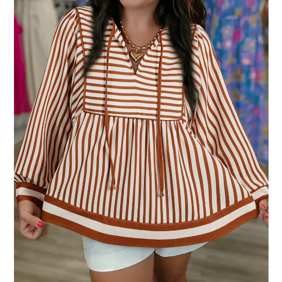 Kit Brown Stripe Babydoll Long Sleeve Blouse