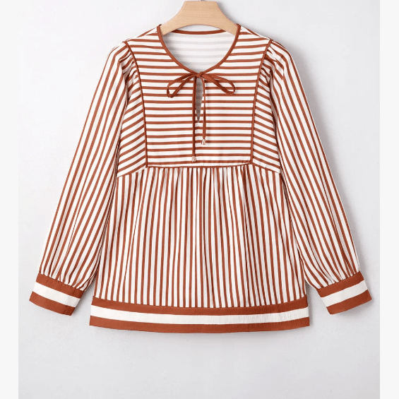 Kit Brown Stripe Babydoll Long Sleeve Blouse