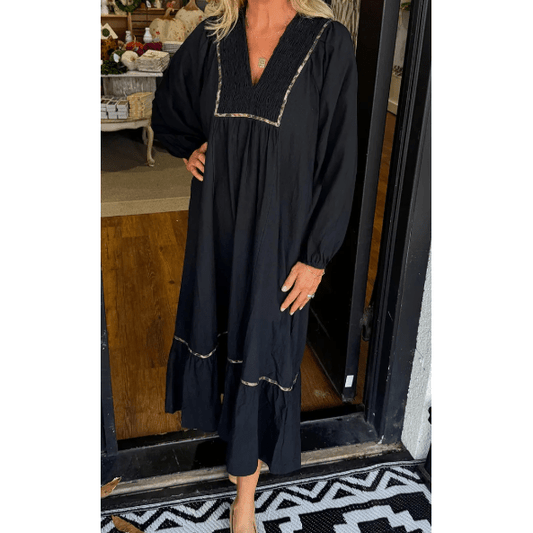 Deni Black Collared V Neck Smocked Detail Contrast Leopard Trim Bracelet Sleeve Long Dress