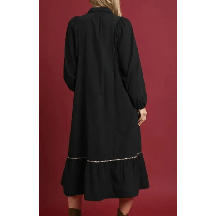 Deni Black Collared V Neck Smocked Detail Contrast Leopard Trim Bracelet Sleeve Long Dress