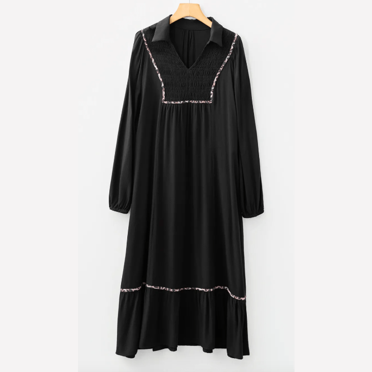 Deni Black Collared V Neck Smocked Detail Contrast Leopard Trim Bracelet Sleeve Long Dress