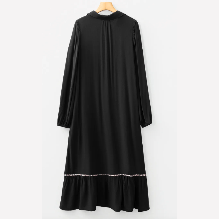 Deni Black Collared V Neck Smocked Detail Contrast Leopard Trim Bracelet Sleeve Long Dress