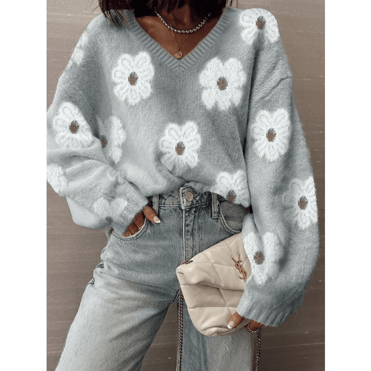 Liza Flower Print V Neck Drop Shoulder Baggy Sweater