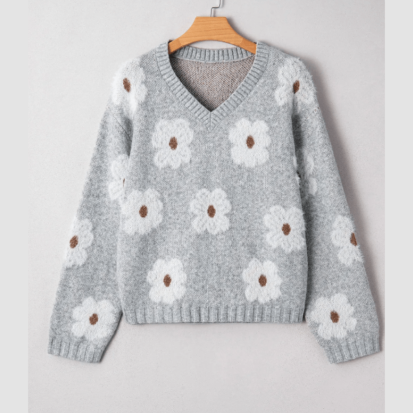 Liza Flower Print V Neck Drop Shoulder Baggy Sweater