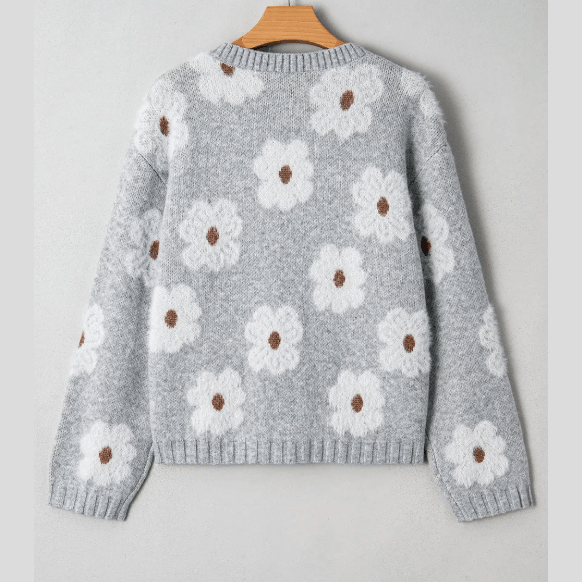 Liza Flower Print V Neck Drop Shoulder Baggy Sweater