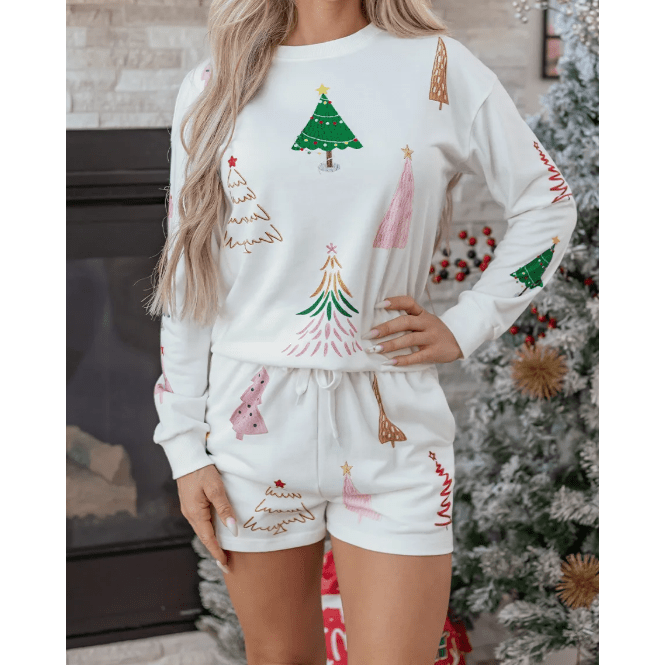 White Stripe Multi Christmas Tree Long Sleeve Top and Shorts 2pcs Lounge Set