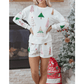 White Stripe Multi Christmas Tree Long Sleeve Top and Shorts 2pcs Lounge Set