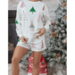 White Stripe Multi Christmas Tree Long Sleeve Top and Shorts 2pcs Lounge Set