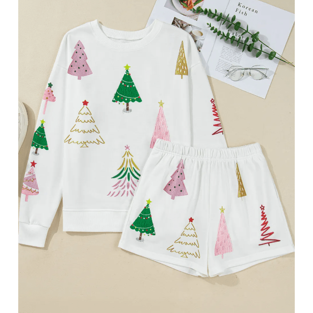 White Stripe Multi Christmas Tree Long Sleeve Top and Shorts 2pcs Lounge Set