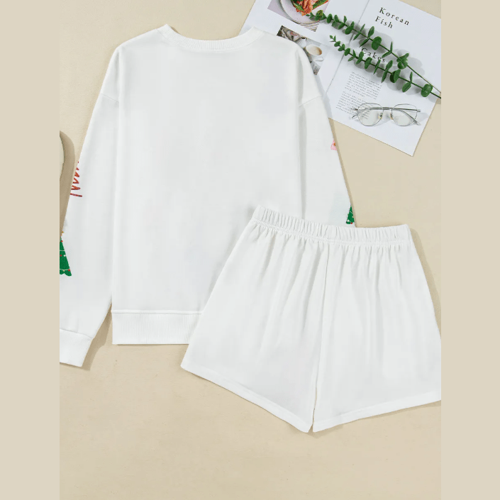 White Stripe Multi Christmas Tree Long Sleeve Top and Shorts 2pcs Lounge Set