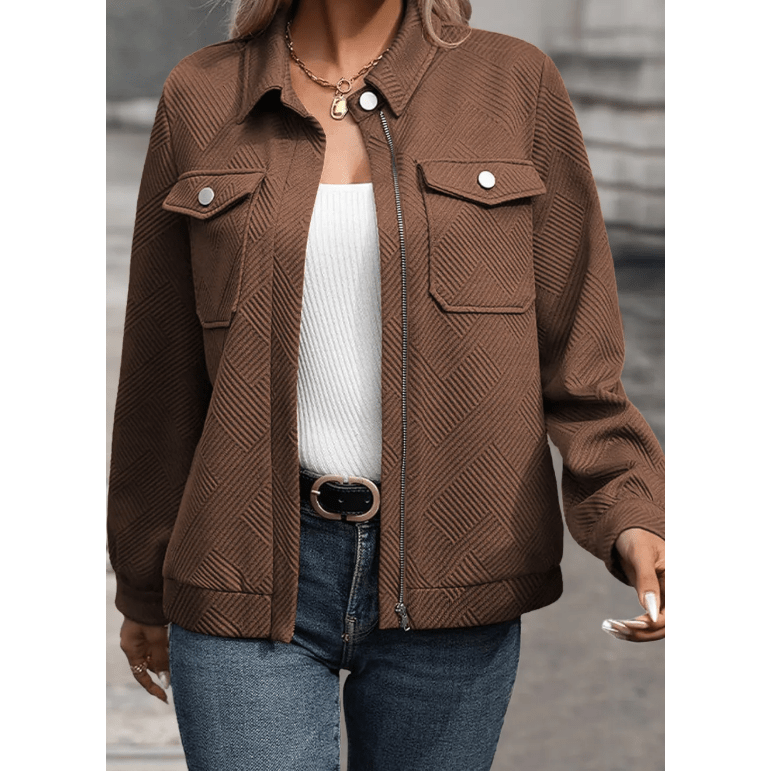Jacqueline Brown Zip Up Button Flap Pocket Shirt Collar Jackets