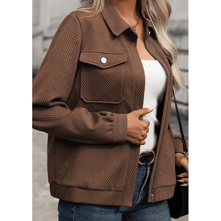 Jacqueline Brown Zip Up Button Flap Pocket Shirt Collar Jackets