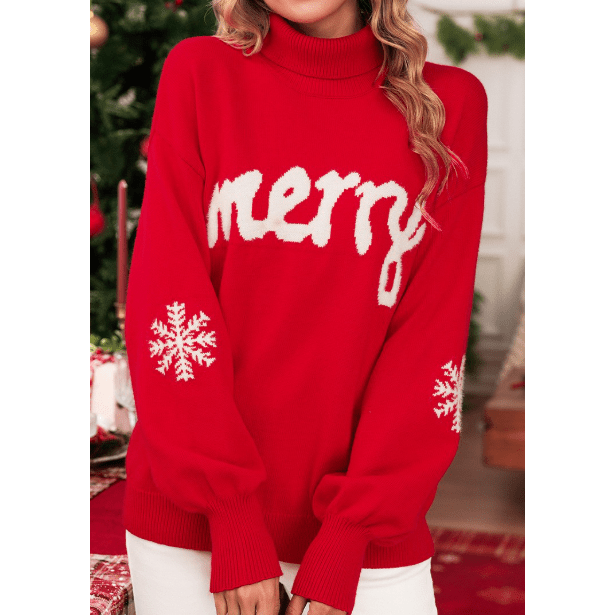Fiery Red Merry Snowflake Pattern Christmas Turtleneck Sweater