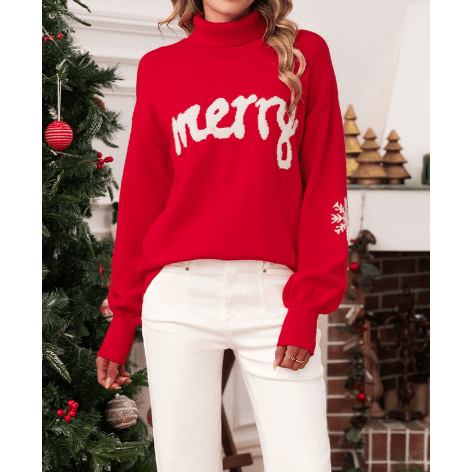 Fiery Red Merry Snowflake Pattern Christmas Turtleneck Sweater