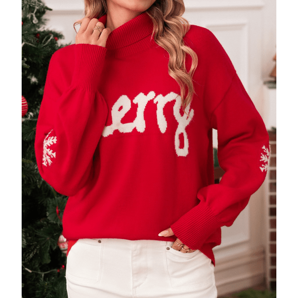 Fiery Red Merry Snowflake Pattern Christmas Turtleneck Sweater