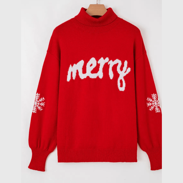 Fiery Red Merry Snowflake Pattern Christmas Turtleneck Sweater