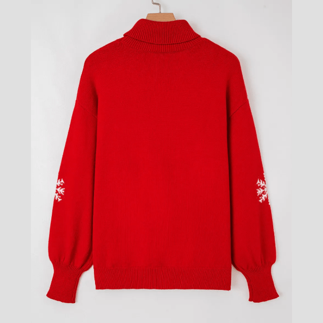 Fiery Red Merry Snowflake Pattern Christmas Turtleneck Sweater