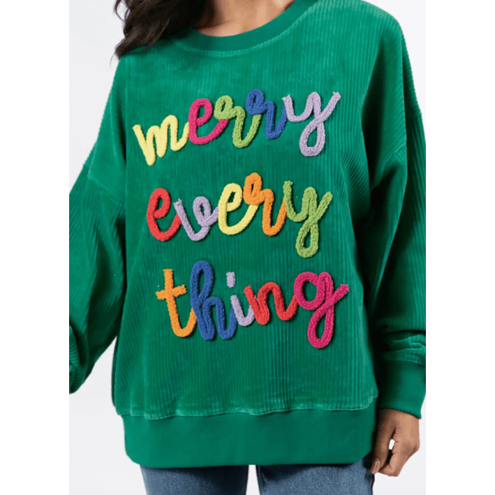 Dark Green Merry Little Thing Corded Letter Graphic Ribbed Loose Sweatshirt