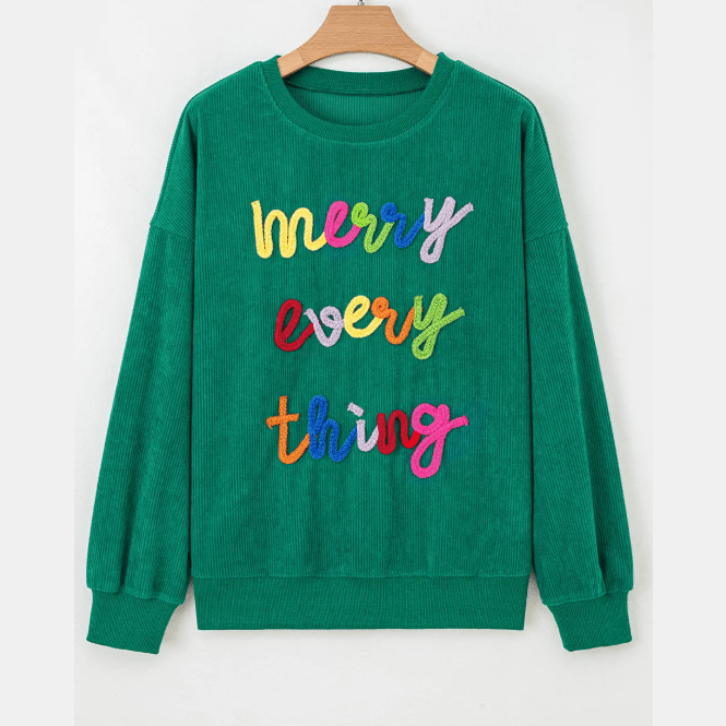 Dark Green Merry Little Thing Corded Letter Graphic Ribbed Loose Sweatshirt