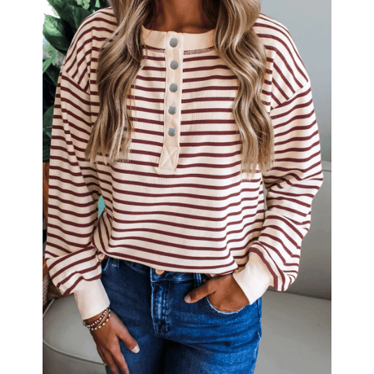 Rainn Red Dahlia Striped Print Drop Shoulder Long Sleeve Henley Top