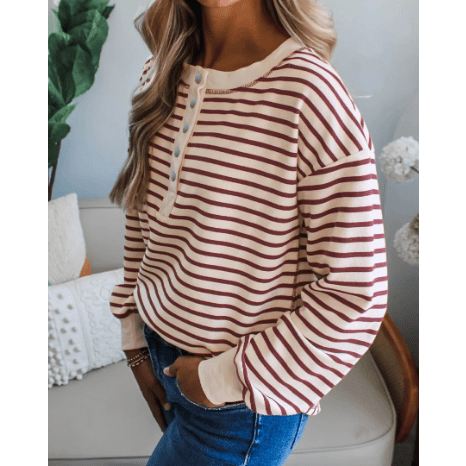 Rainn Red Dahlia Striped Print Drop Shoulder Long Sleeve Henley Top