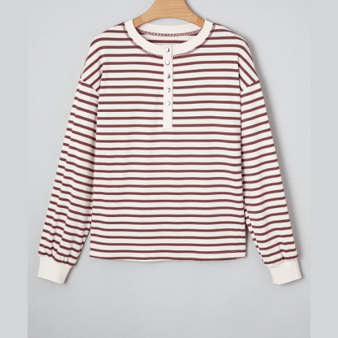 Rainn Red Dahlia Striped Print Drop Shoulder Long Sleeve Henley Top