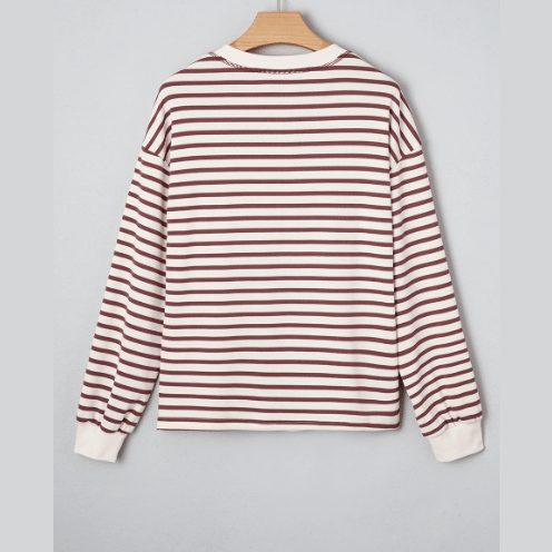 Rainn Red Dahlia Striped Print Drop Shoulder Long Sleeve Henley Top