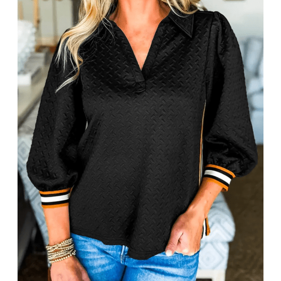 RTS Black Stylish Textured Striped Patchwork Polo Collar Pullover Sweatshirt