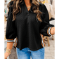 RTS Black Stylish Textured Striped Patchwork Polo Collar Pullover Sweatshirt