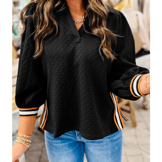 RTS Black Stylish Textured Striped Patchwork Polo Collar Pullover Sweatshirt