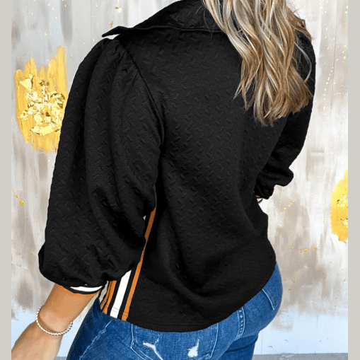 RTS Black Stylish Textured Striped Patchwork Polo Collar Pullover Sweatshirt