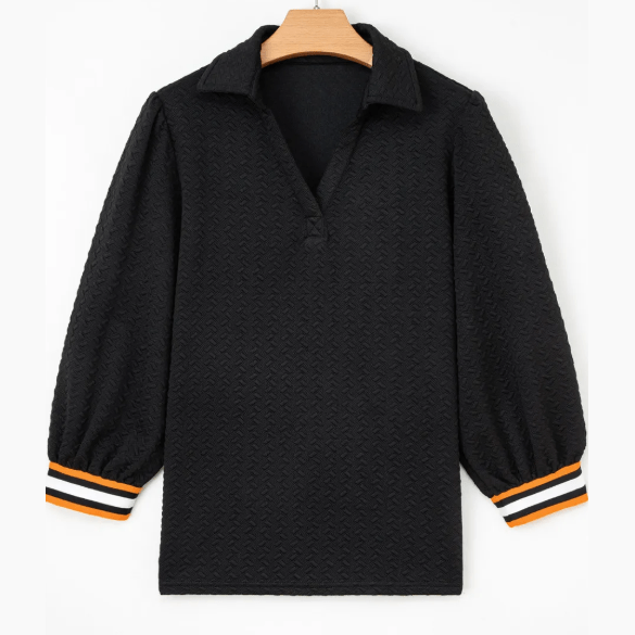 RTS Black Stylish Textured Striped Patchwork Polo Collar Pullover Sweatshirt