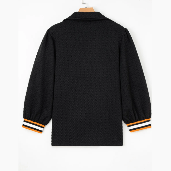 RTS Black Stylish Textured Striped Patchwork Polo Collar Pullover Sweatshirt