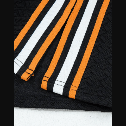 RTS Black Stylish Textured Striped Patchwork Polo Collar Pullover Sweatshirt