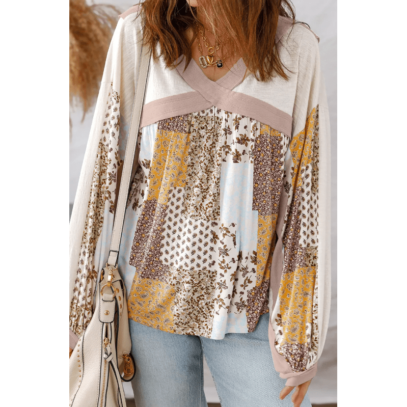 Bella Rose Floral Printed Contrast Patchwork Long Sleeve Top