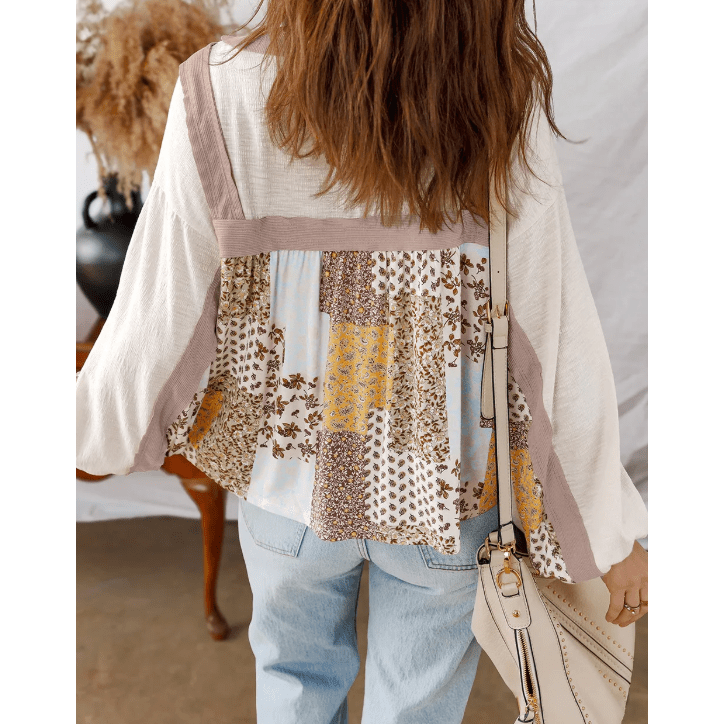 Bella Rose Floral Printed Contrast Patchwork Long Sleeve Top