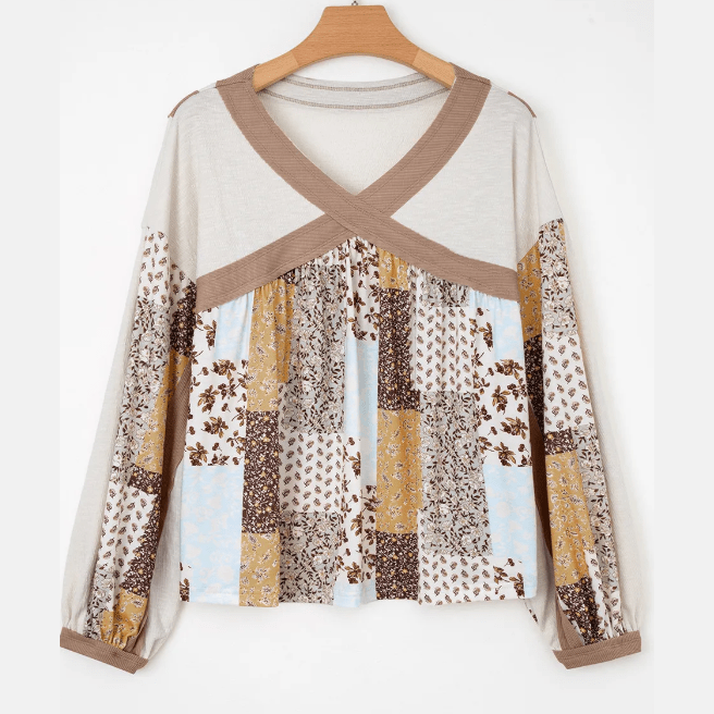 Bella Rose Floral Printed Contrast Patchwork Long Sleeve Top