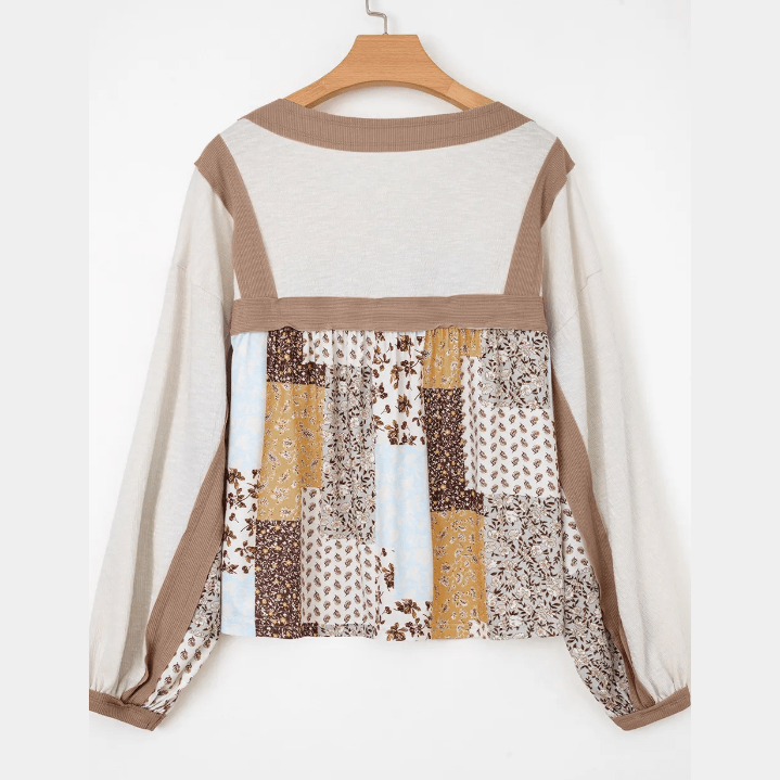 Bella Rose Floral Printed Contrast Patchwork Long Sleeve Top