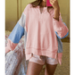 Tessie Pink Exposed Seam Color Block Patchwork Slit Cuffs Oversize Sweatshirt