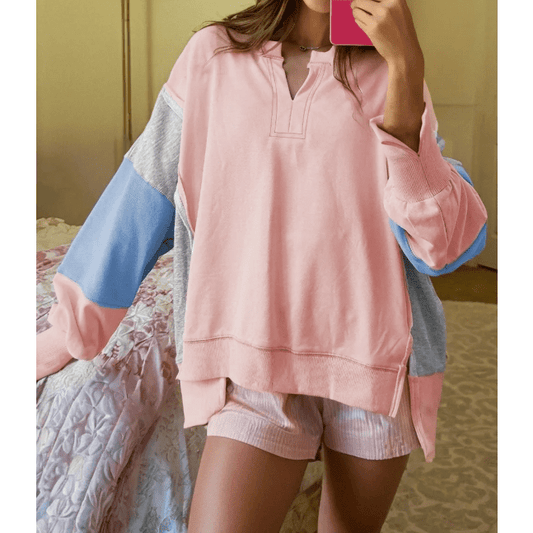 Tessie Pink Exposed Seam Color Block Patchwork Slit Cuffs Oversize Sweatshirt
