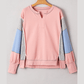 Tessie Pink Exposed Seam Color Block Patchwork Slit Cuffs Oversize Sweatshirt
