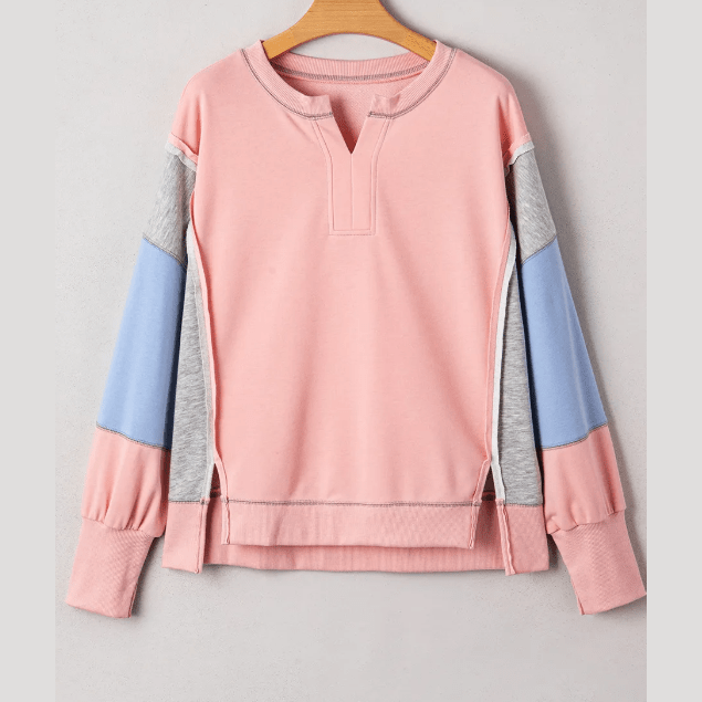 Tessie Pink Exposed Seam Color Block Patchwork Slit Cuffs Oversize Sweatshirt