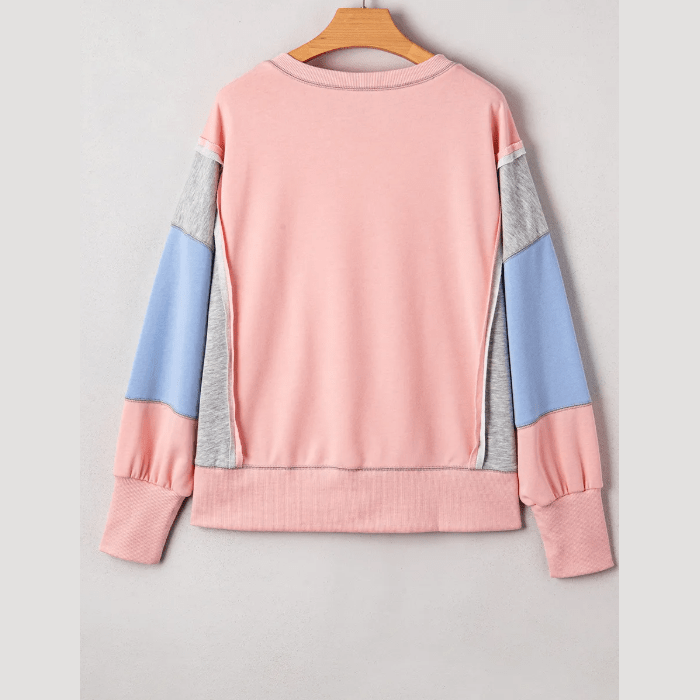 Tessie Pink Exposed Seam Color Block Patchwork Slit Cuffs Oversize Sweatshirt