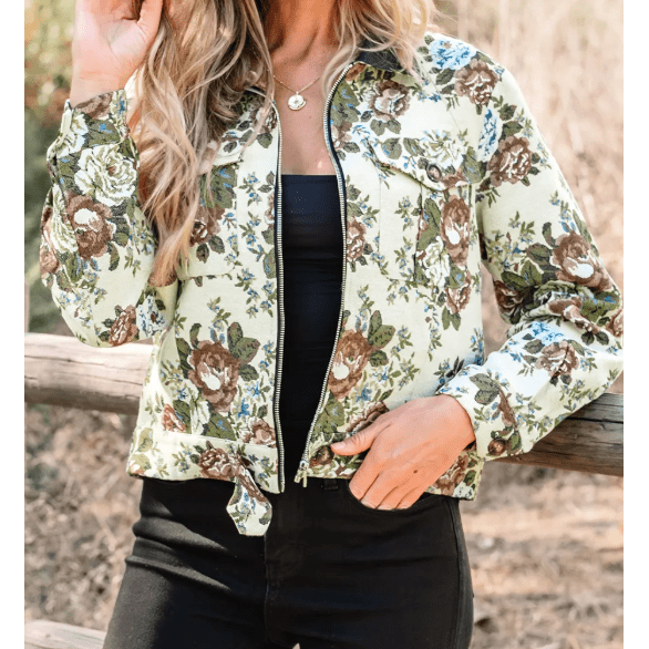 Vivian Floral Print Zip Up Contrast Collared Jacket