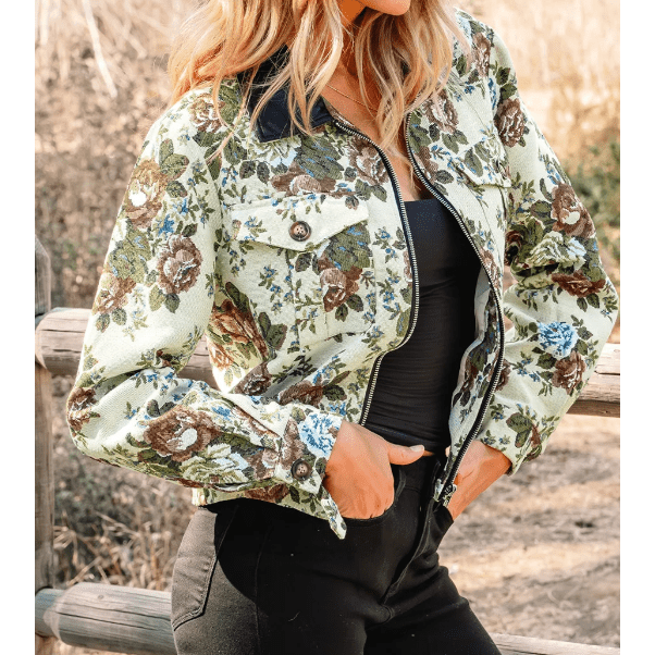 Vivian Floral Print Zip Up Contrast Collared Jacket
