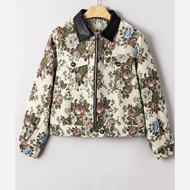 Vivian Floral Print Zip Up Contrast Collared Jacket