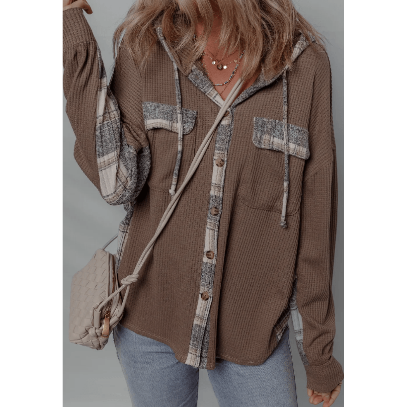 Whitney Brown Plaid Patchwork Button Down Drawstring Hooded Shacket